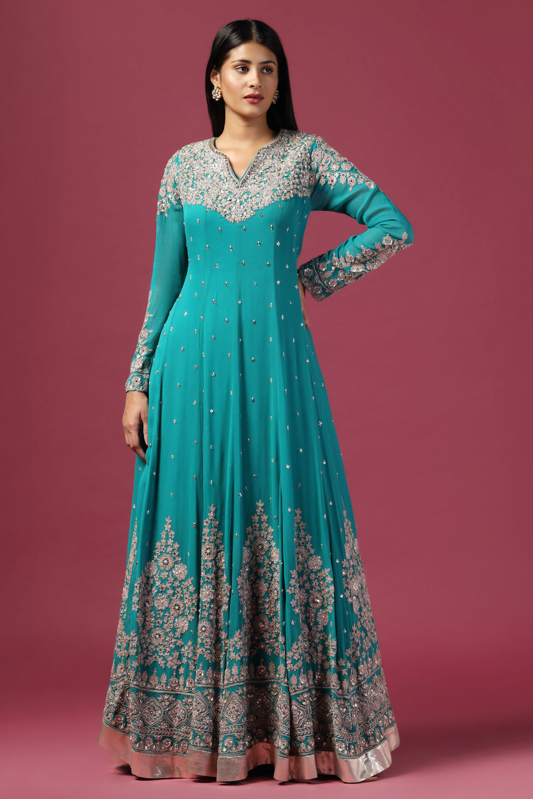 Green Silver Embroidered Anarkali with Dupatta