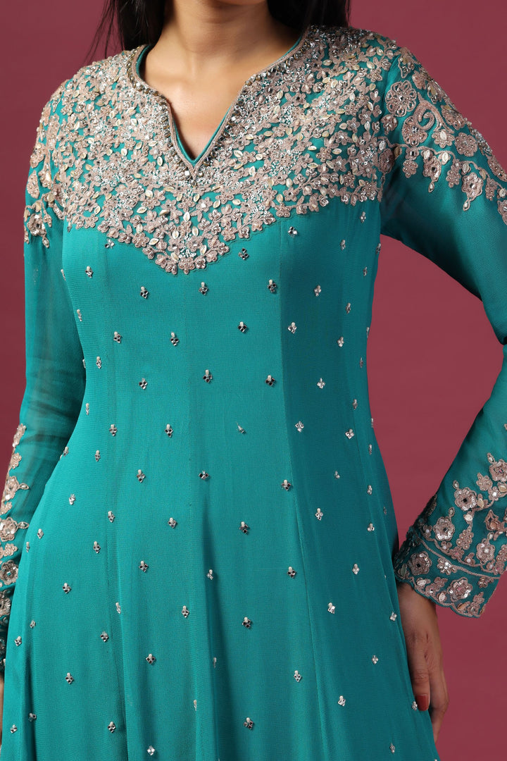 Green Silver Embroidered Anarkali with Dupatta