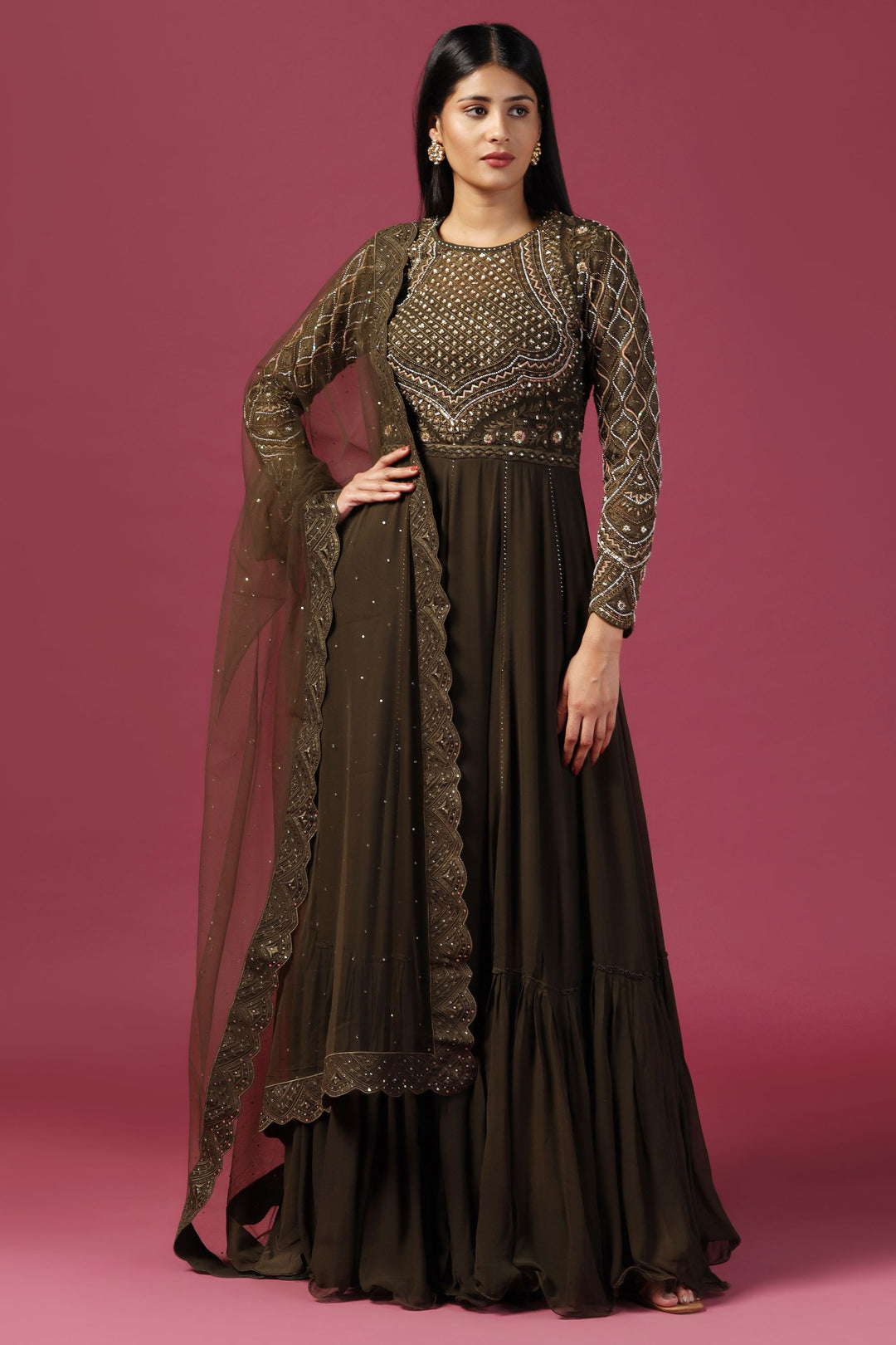 Two Sisters By Gyans Olive Green Anarkali with Dupatta ( ) Green / Georgette / CUSTOM Two Sisters By Gyans Olive Green Anarkali with Dupatta ( ) Green / Georgette / CUSTOM
