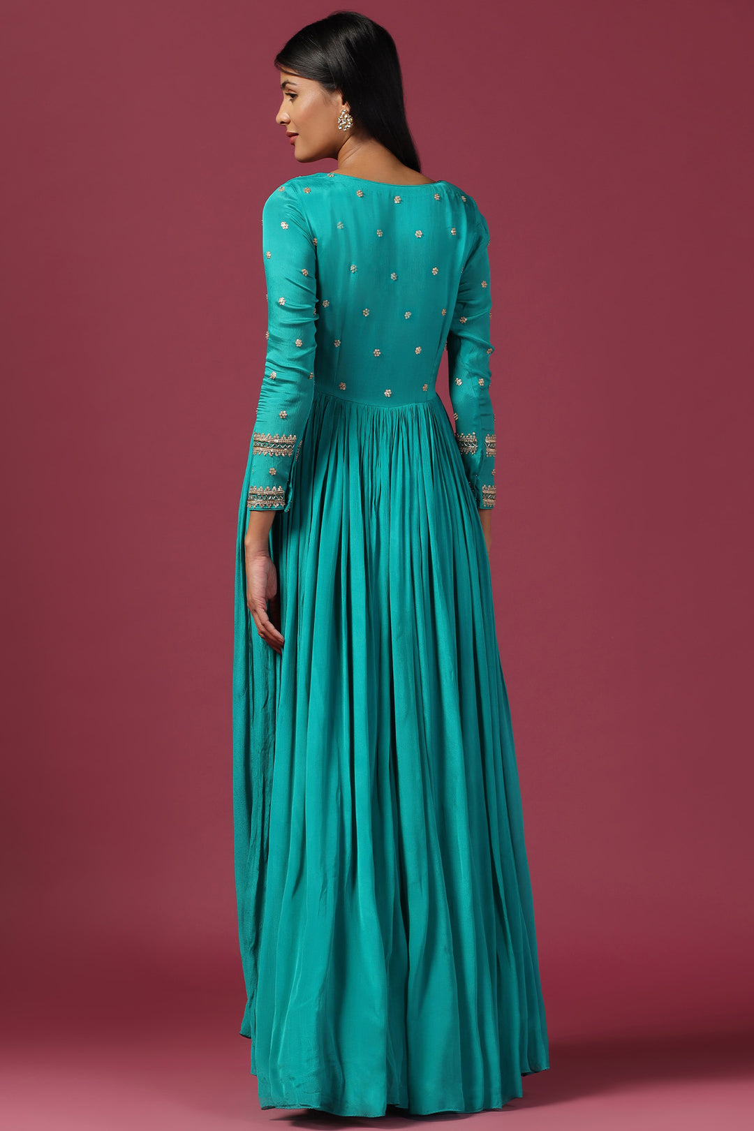 TEAL BLUE ANARKALI WITH PINK DUPATTA