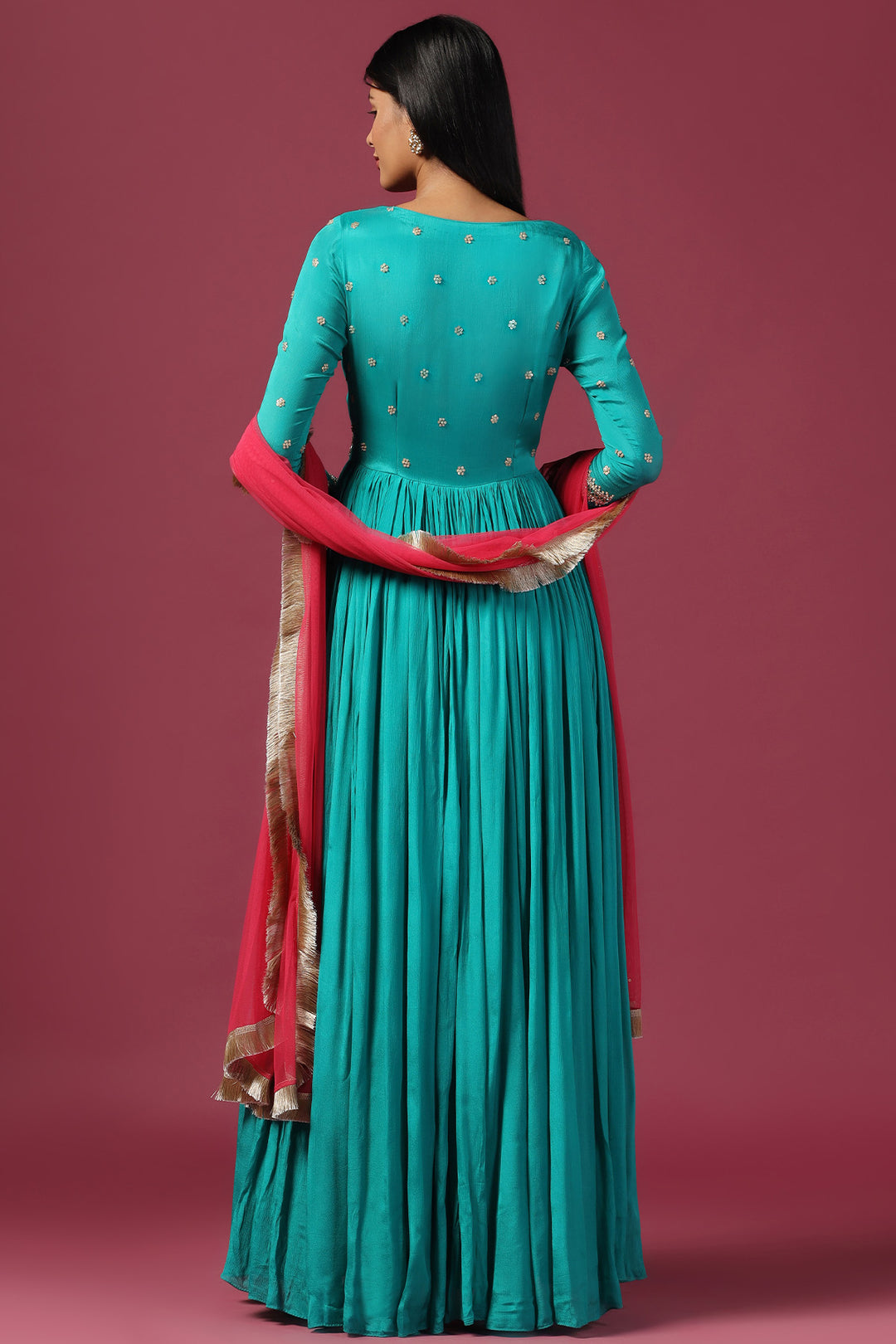 TEAL BLUE ANARKALI WITH PINK DUPATTA