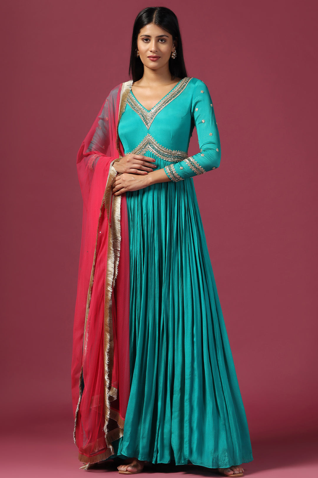 TEAL BLUE ANARKALI WITH PINK DUPATTA ( ) Gyans TEAL BLUE ANARKALI WITH PINK DUPATTA ( ) Gyans