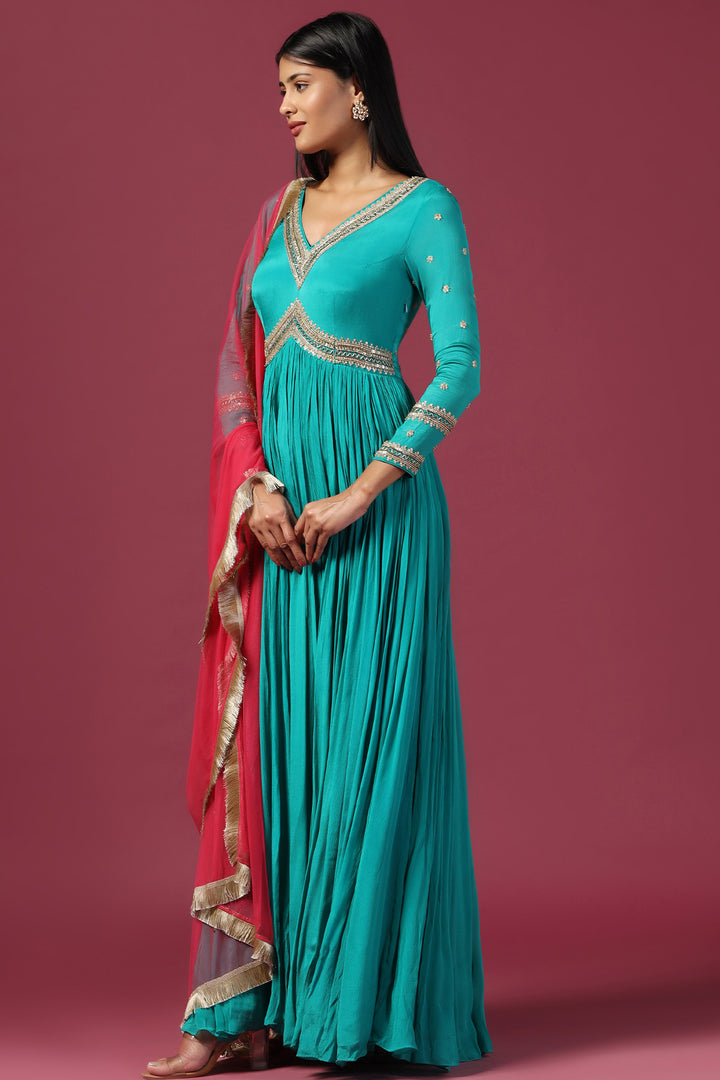 TEAL BLUE ANARKALI WITH PINK DUPATTA