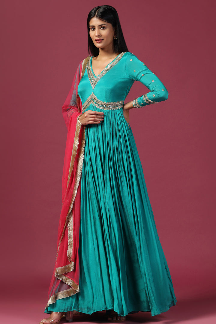 TEAL BLUE ANARKALI WITH PINK DUPATTA