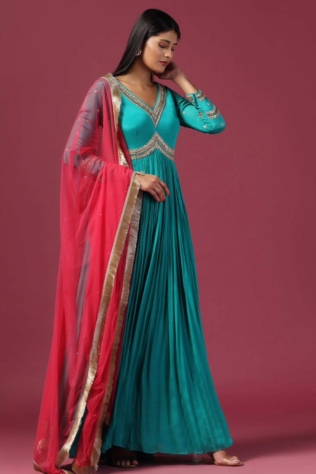 TEAL BLUE ANARKALI WITH PINK DUPATTA