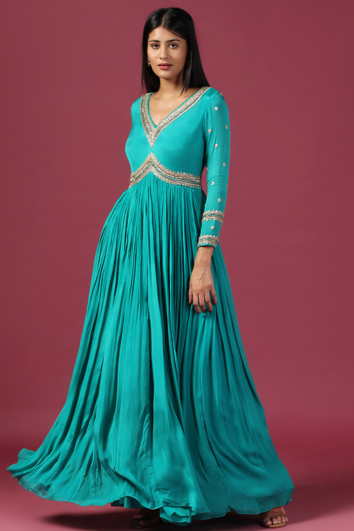 TEAL BLUE ANARKALI WITH PINK DUPATTA