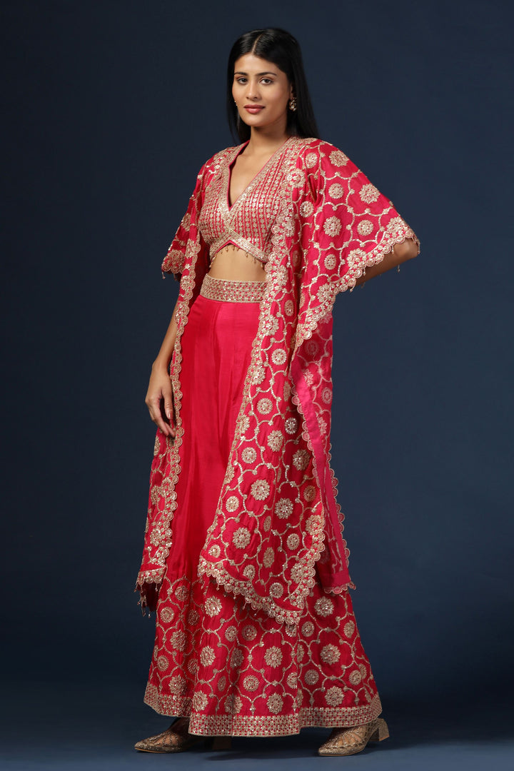 Fuchsia Pink Embroidered Cape Set