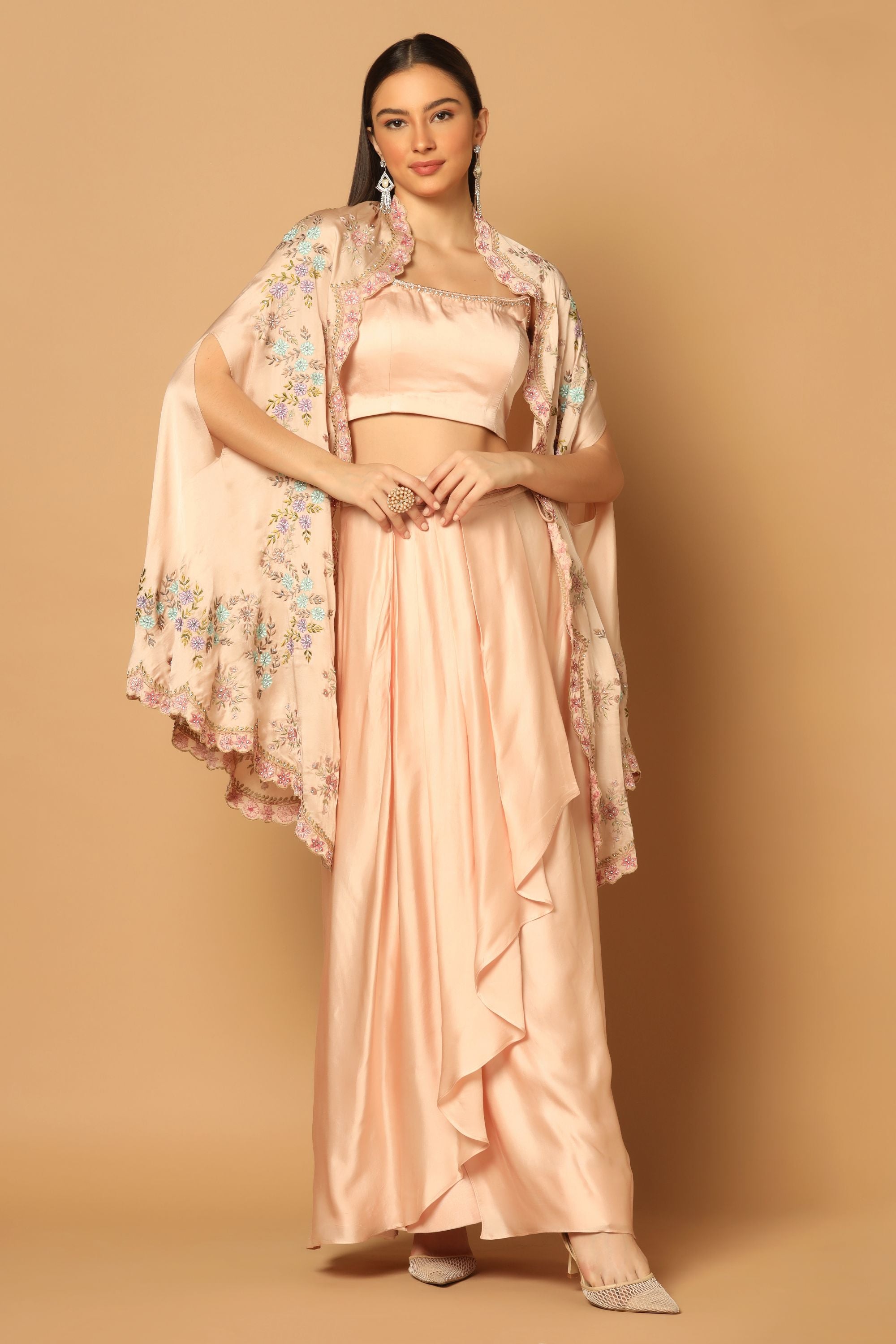 Peach Drape Skirt Set with Hand Embroidered Cape