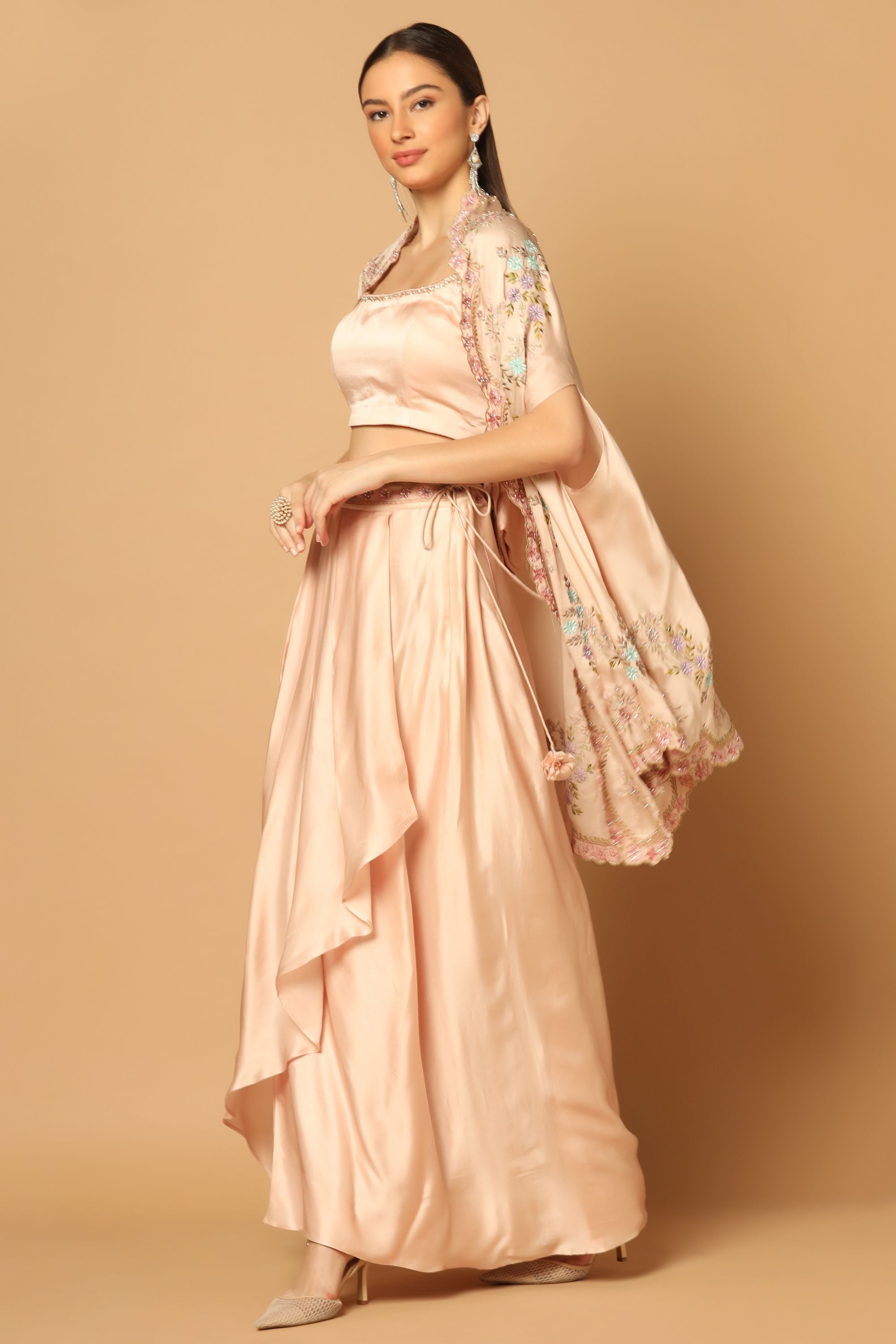 Peach Drape Skirt Set with Hand Embroidered Cape