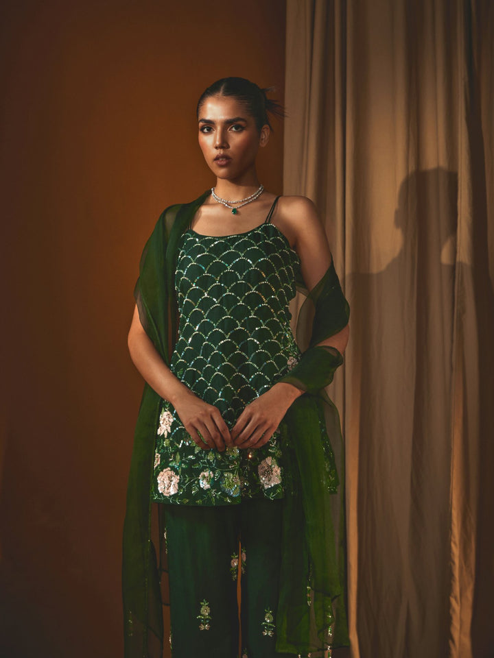 Green Organza Kurta & Pant Set with Side-Tassel Detailing