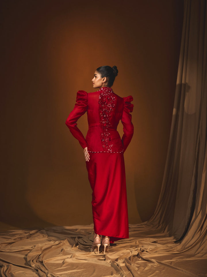 Red Organza Embroidered Jacket & Straight Skirt Set