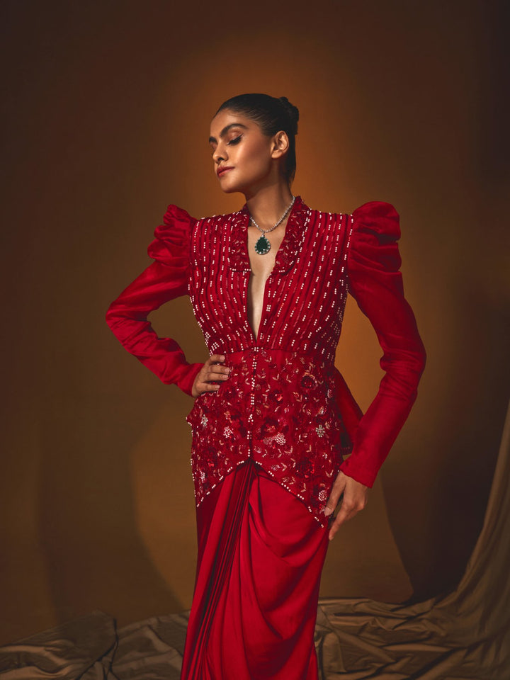 Red Organza Embroidered Jacket & Straight Skirt Set