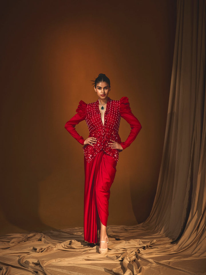 Red Organza Embroidered Jacket & Straight Skirt Set