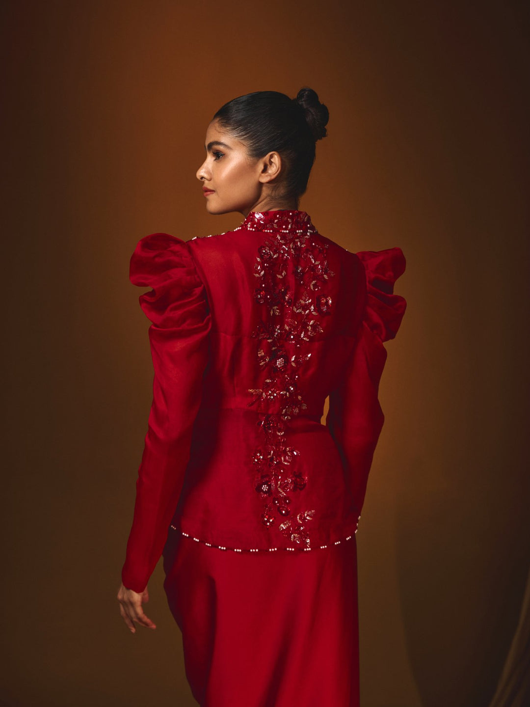 Red Organza Embroidered Jacket & Straight Skirt Set