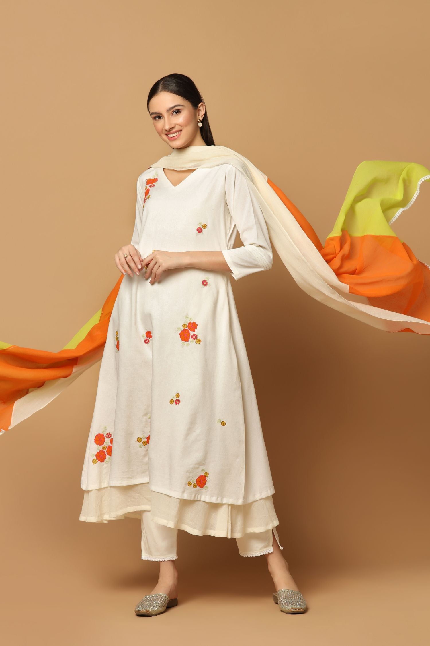 White Kurta Set with Applique and Resham Work Paired with Tricolour Dupatta