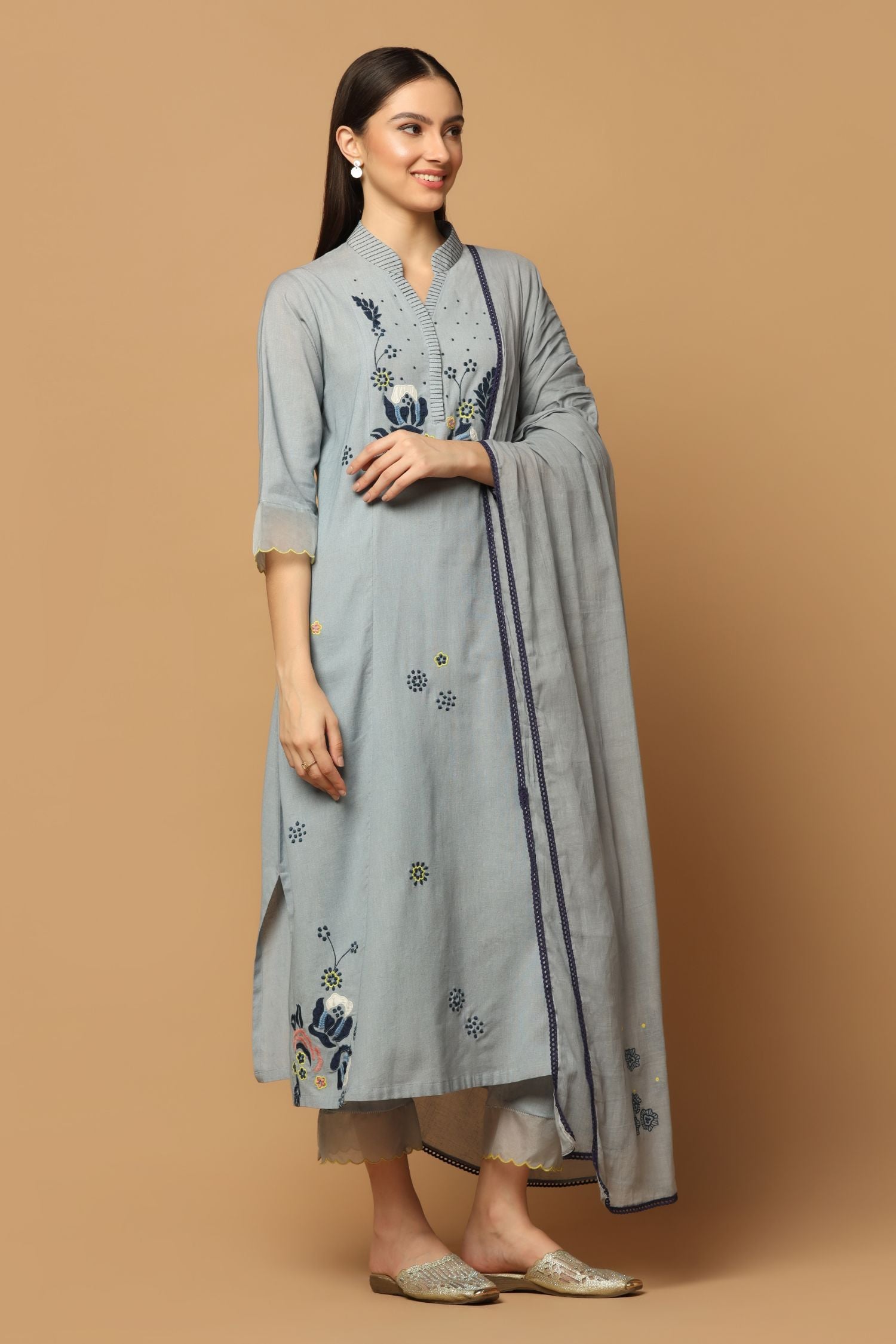 Grey Colour Kurta Set with Reshma Work and Paired with Dupatta