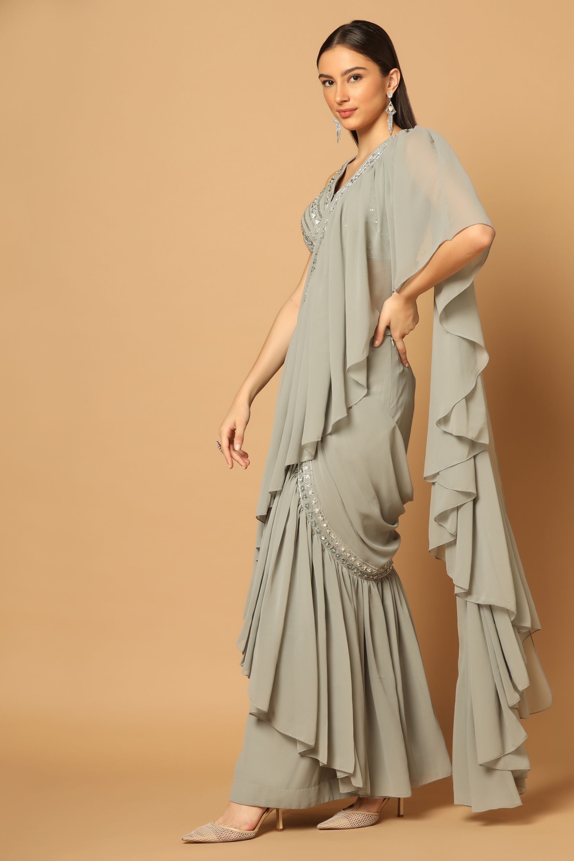 Grey Draped Ruffled Saree with a Hand Embroidered Blouse