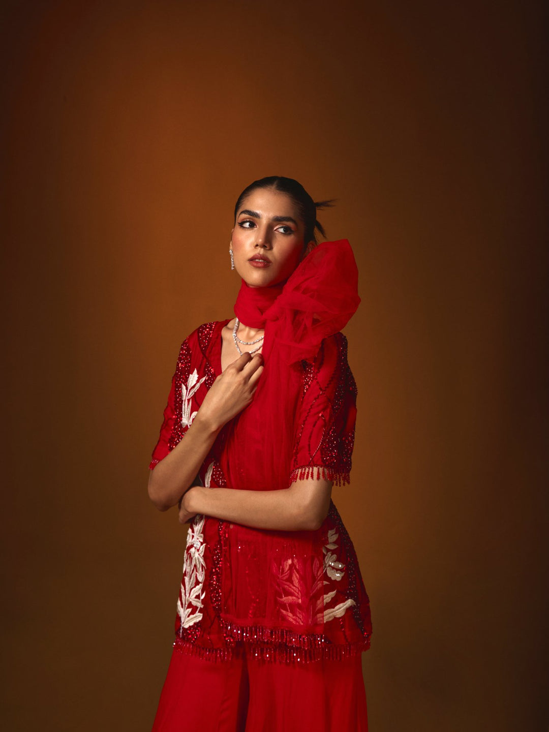 Red Georgette Kalidar Sharara Set with Hand Embroidery