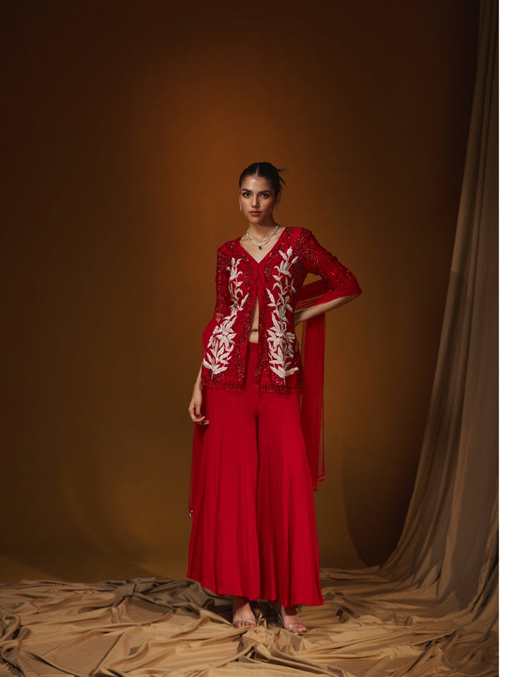 Red Georgette Kalidar Sharara Set with Hand Embroidery