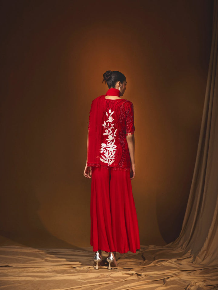 Red Georgette Kalidar Sharara Set with Hand Embroidery