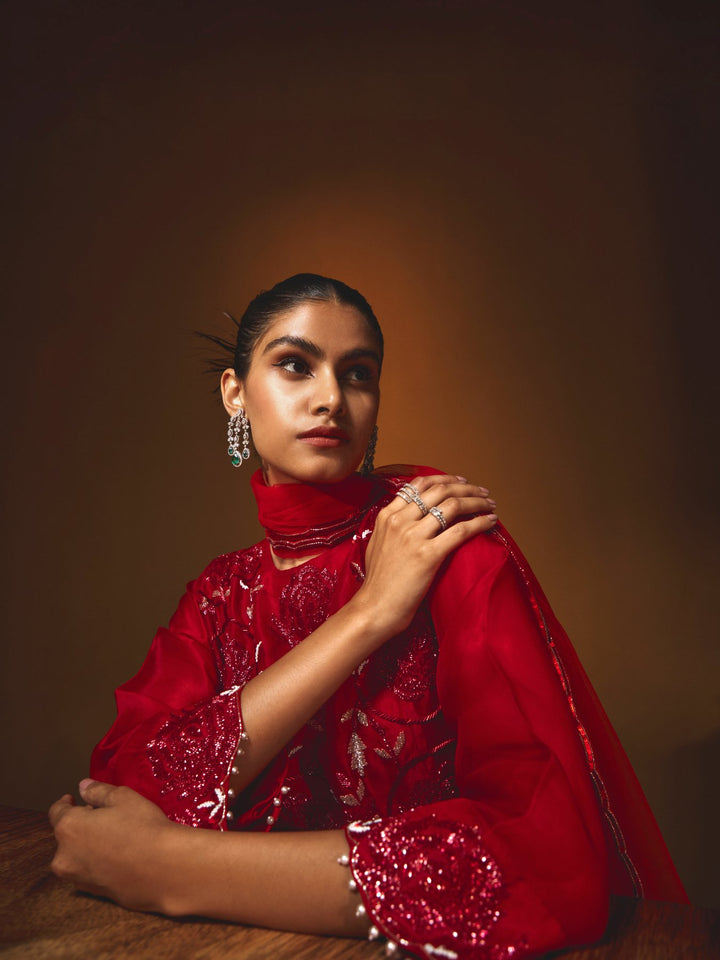 Embroidered Red Georgette Farshi Salwar and Kurta Set