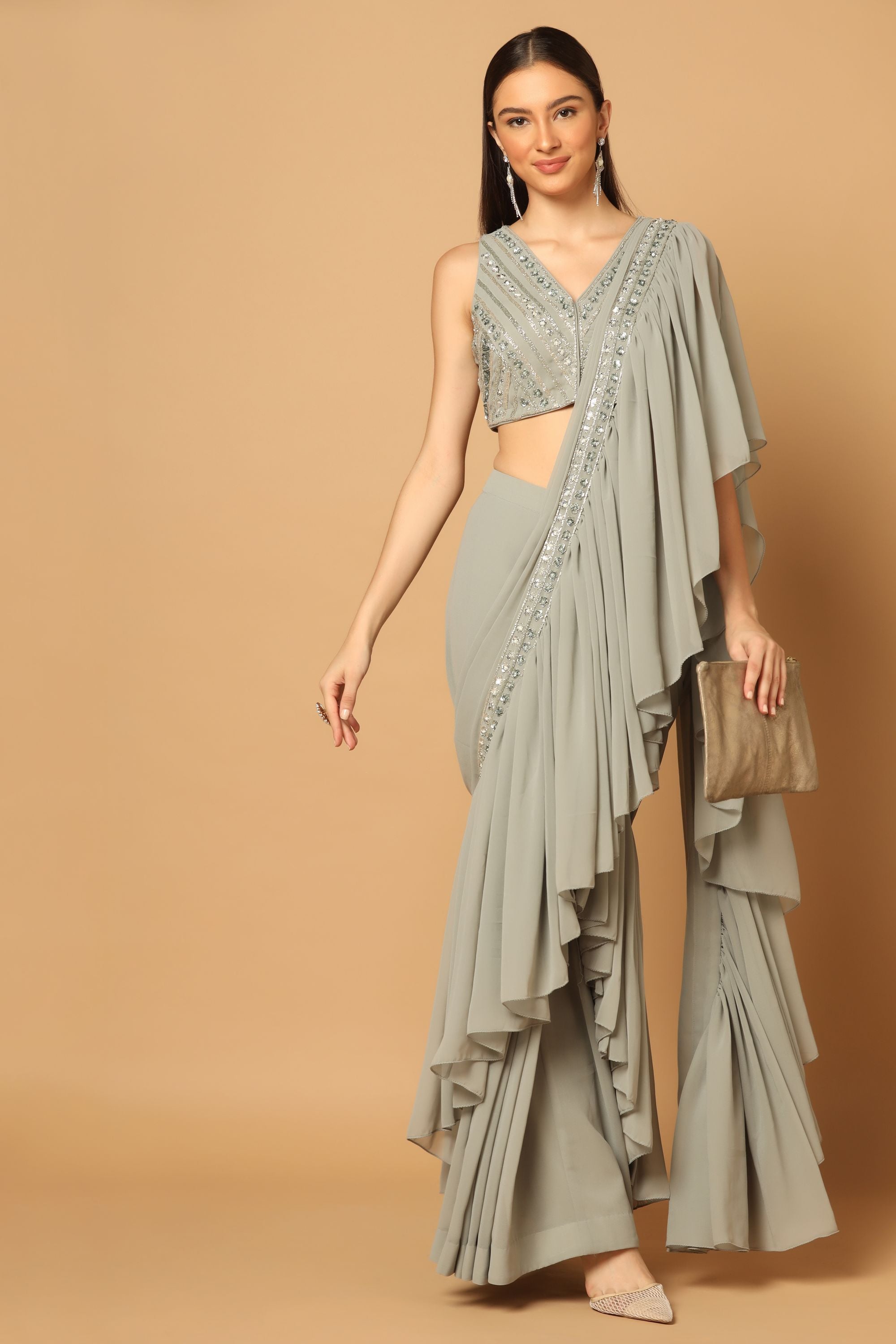 Grey Draped Ruffled Saree with a Hand Embroidered Blouse