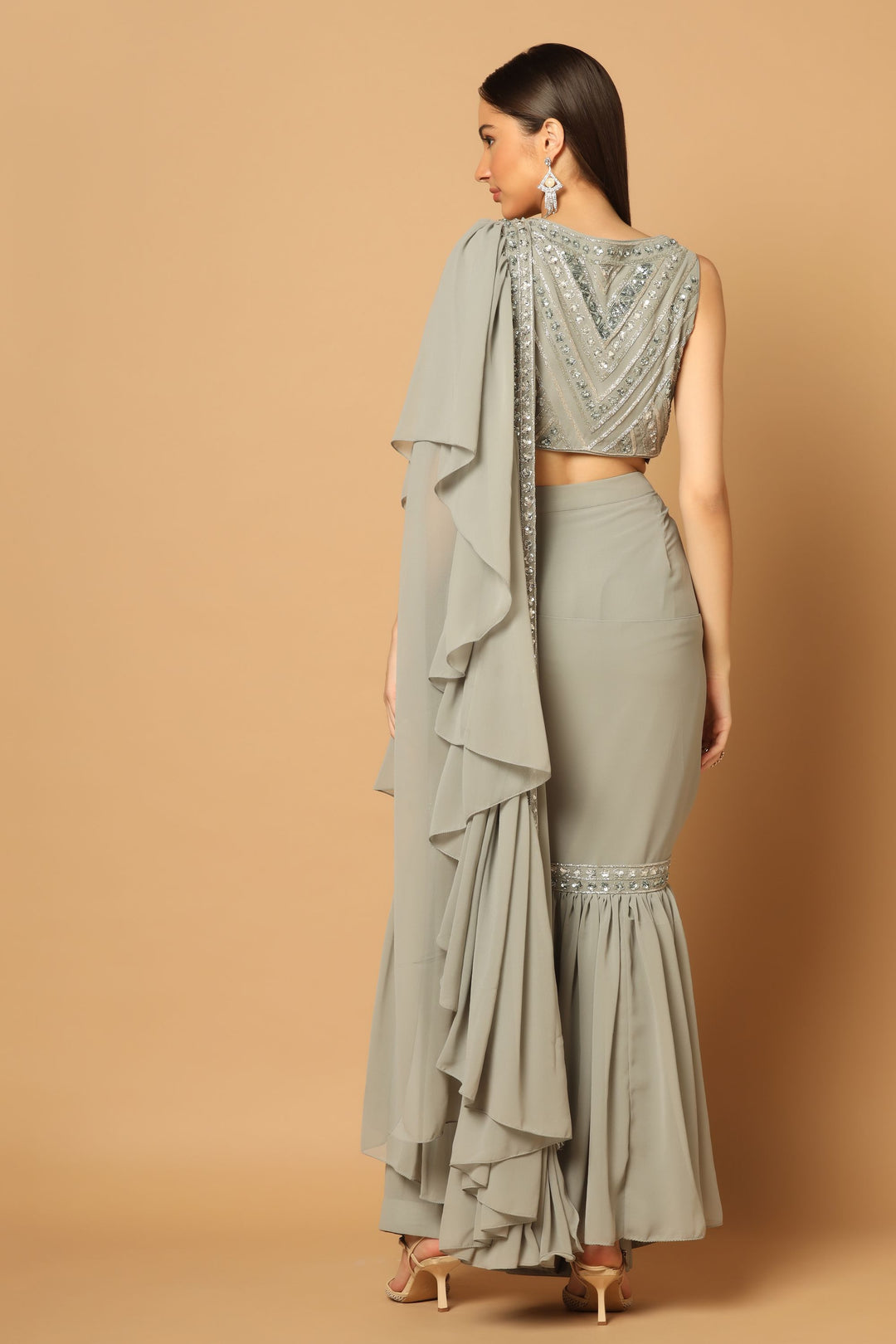Grey Ruffled Draped Saree with an Embroidered Blouse