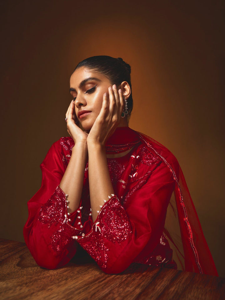 Embroidered Red Georgette Farshi Salwar and Kurta Set