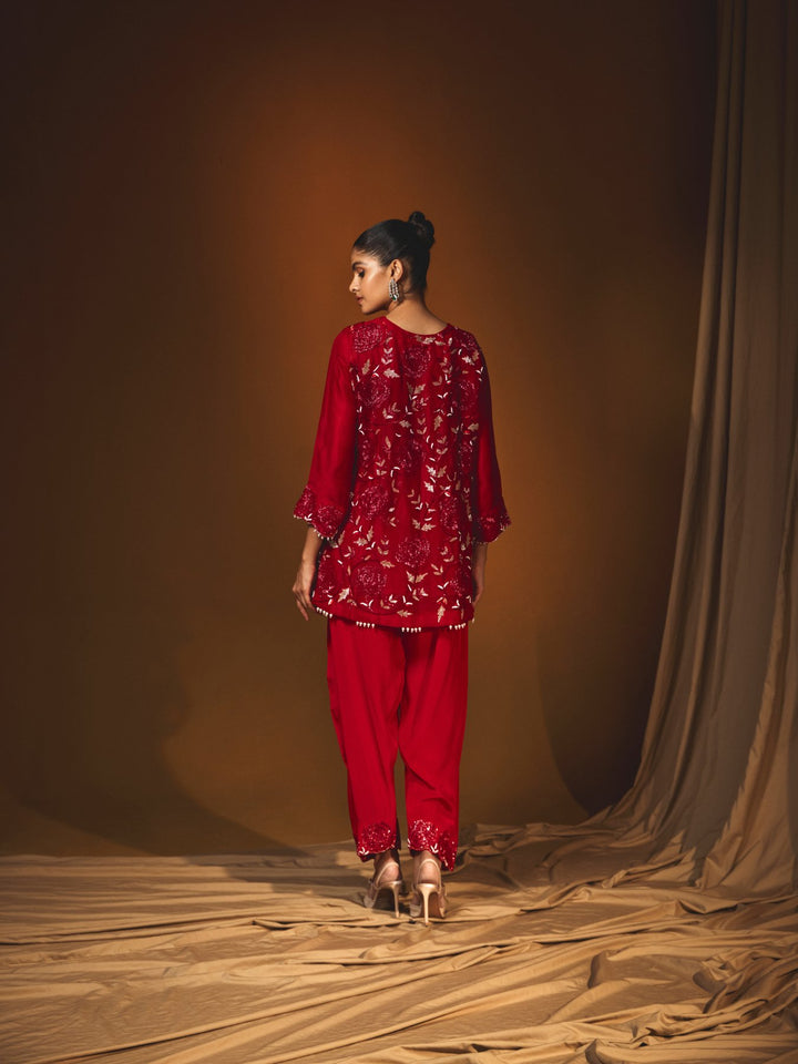 Embroidered Red Georgette Farshi Salwar and Kurta Set