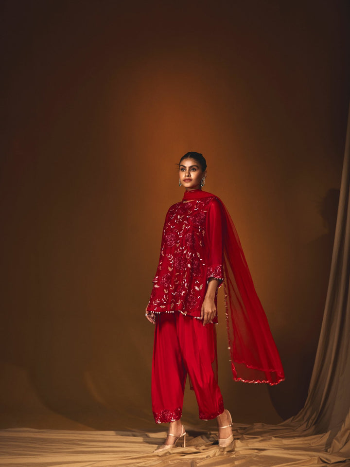 Embroidered Red Georgette Farshi Salwar and Kurta Set