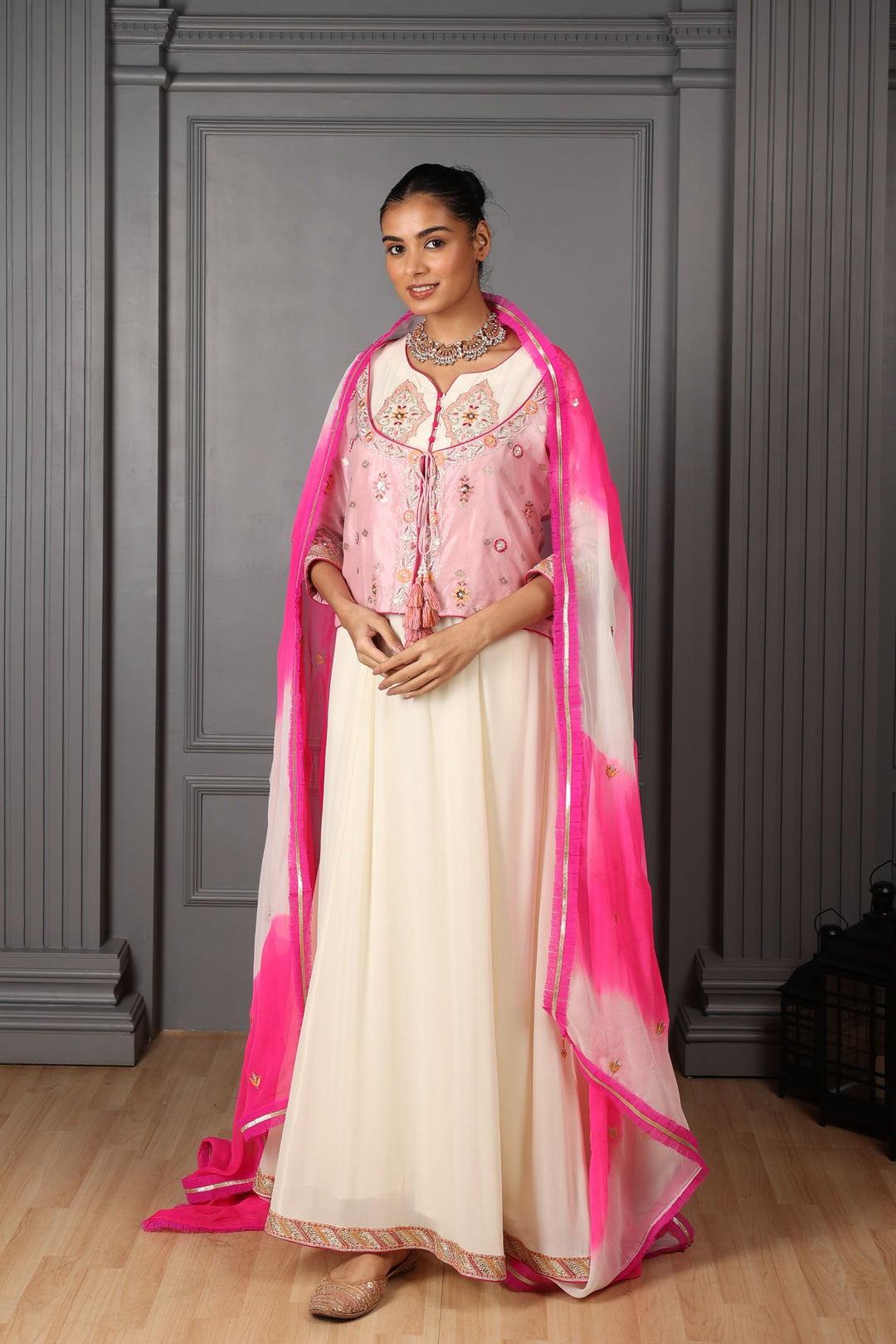Off-White & Pink Embroidered Anarkali Set