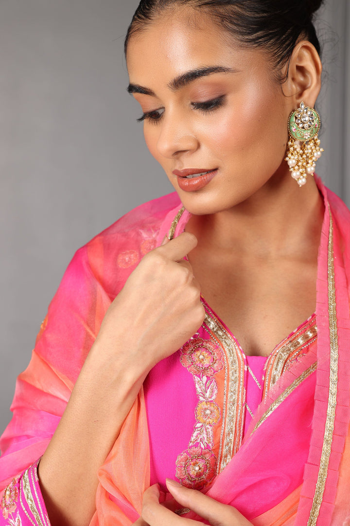 Pink & Orange Embroidered Kalidar Kurta Set