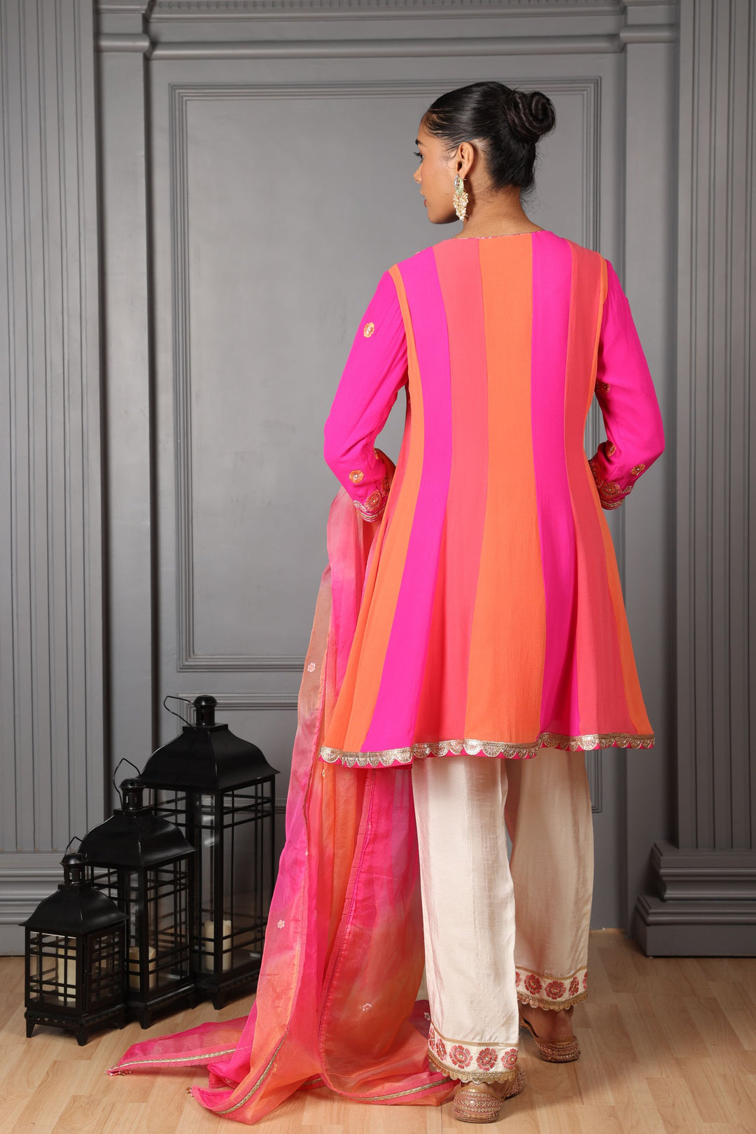 Pink & Orange Embroidered Kalidar Kurta Set