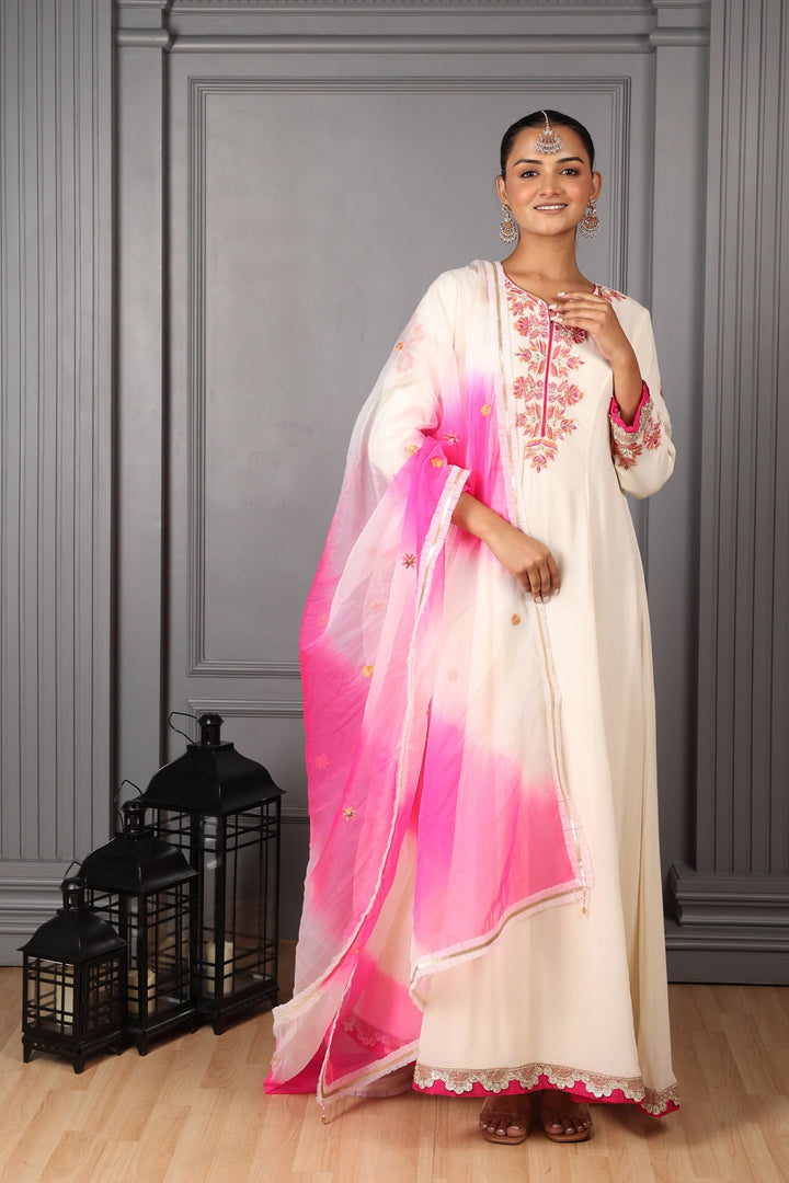 Off-White & Pink Embroidered Kalidar Set