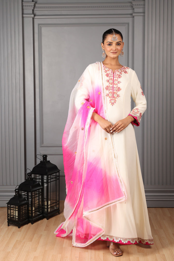 Off-White & Pink Embroidered Kalidar Set