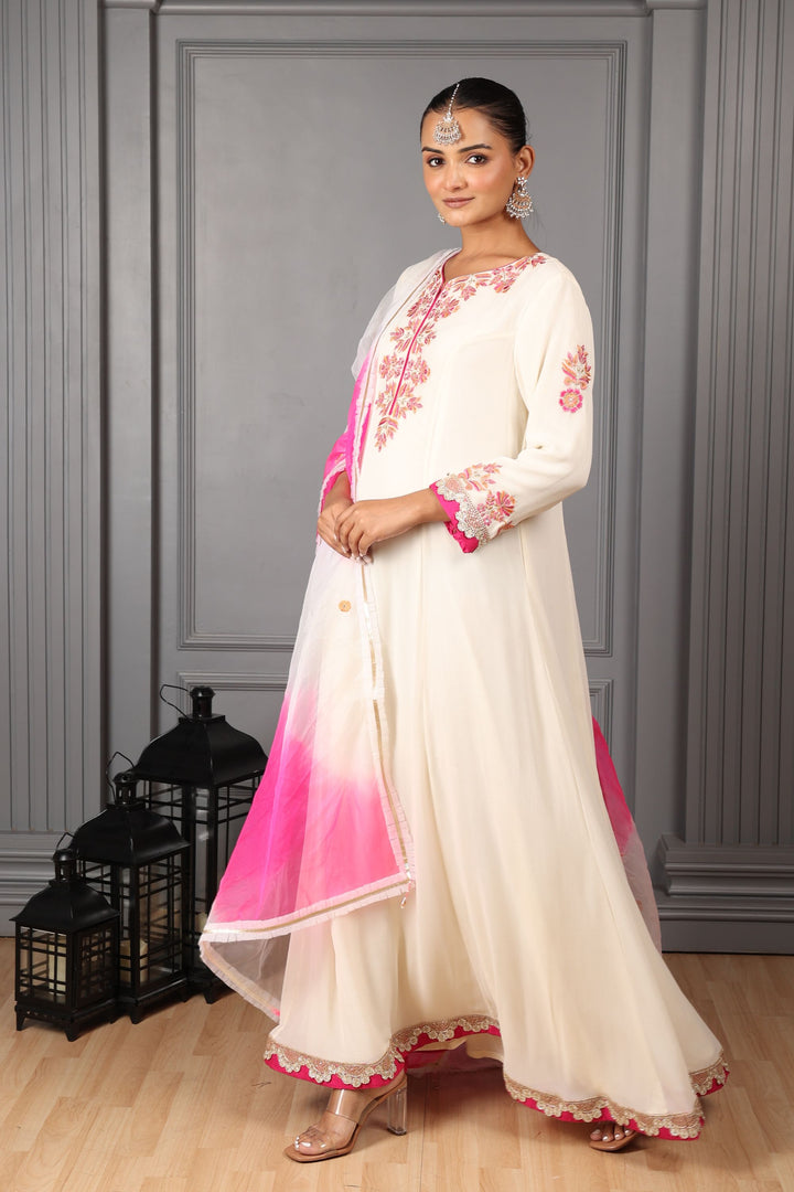 Off-White & Pink Embroidered Kalidar Set