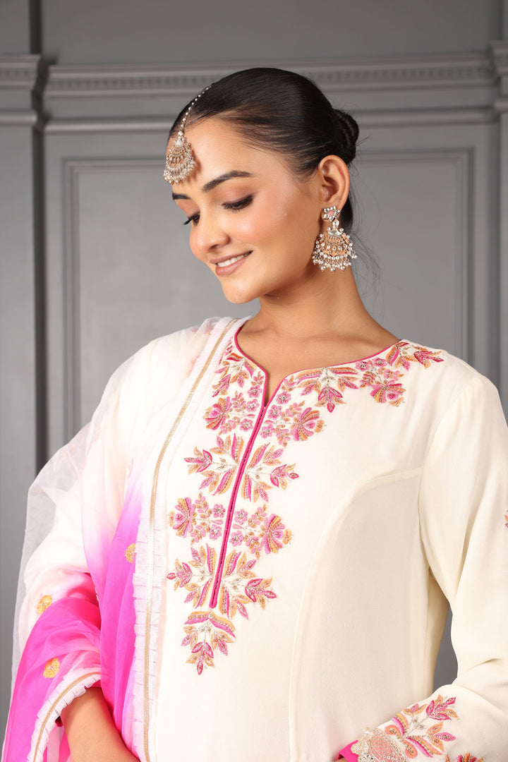 Off-White & Pink Embroidered Kalidar Set