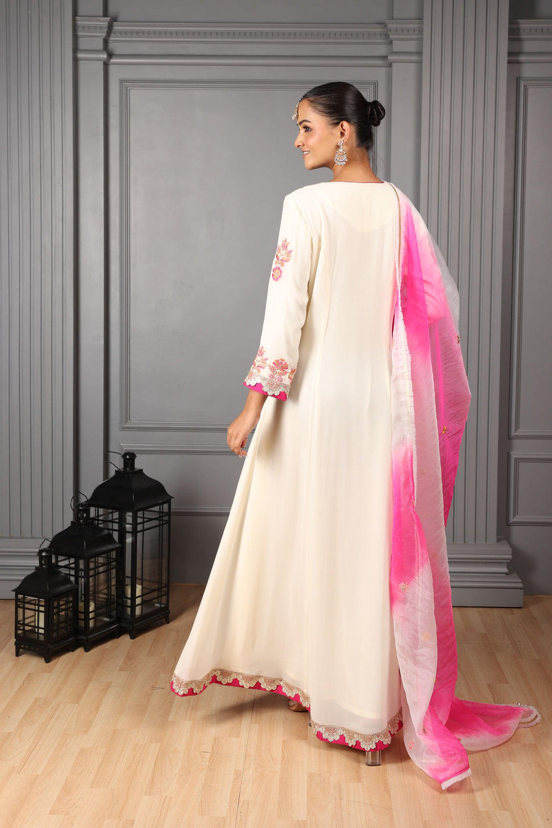 Off-White & Pink Embroidered Kalidar Set