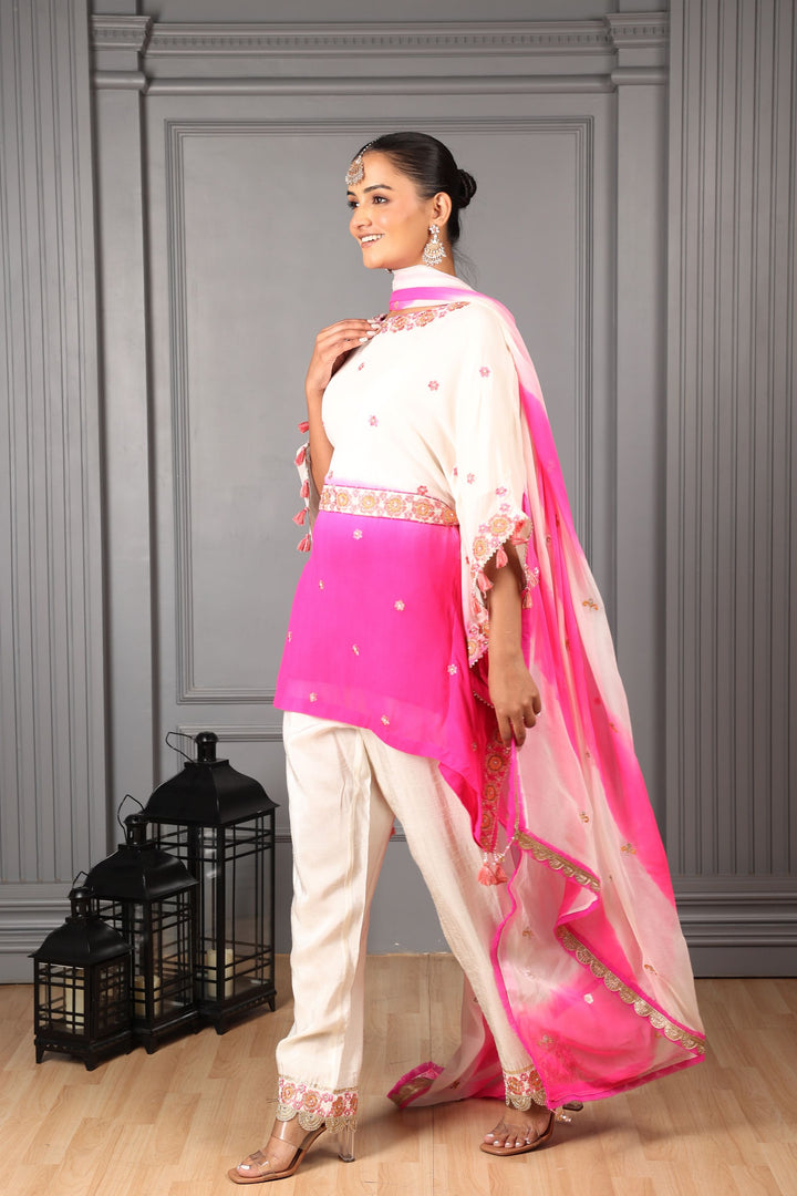 Off-White & Pink Ombre Embroidered Stylized Kaftan Kurta Set