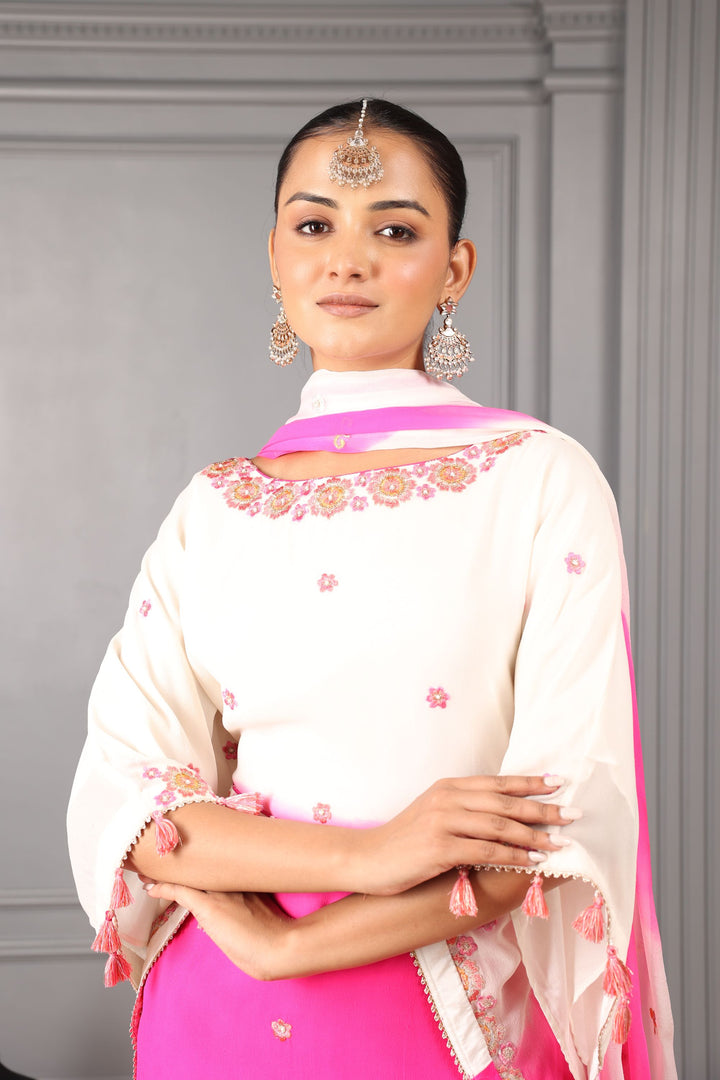 Off-White & Pink Ombre Embroidered Stylized Kaftan Kurta Set