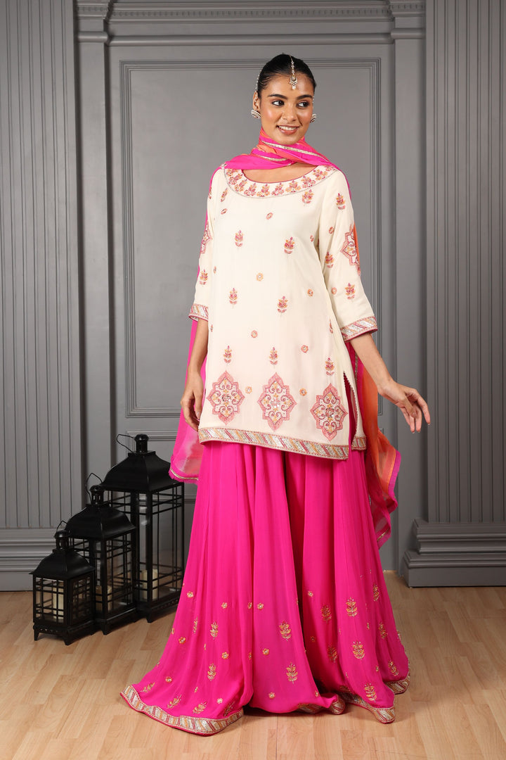 Off-White & Pink Embroidered Sharara Set