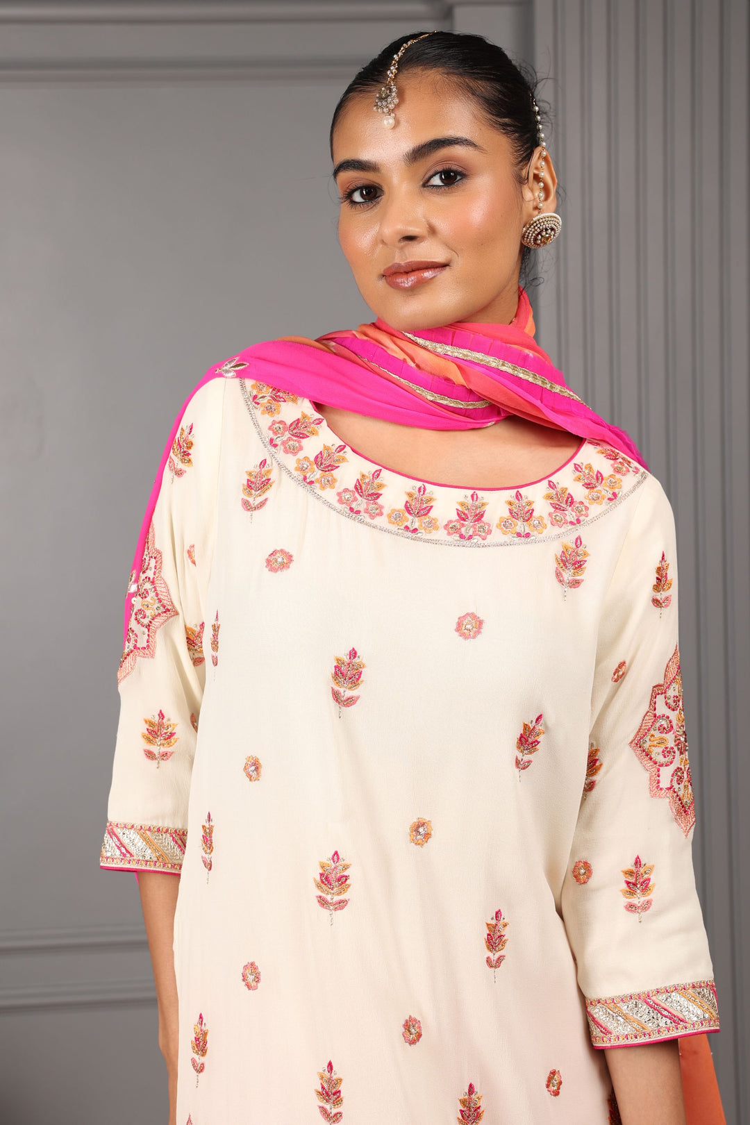 Off-White & Pink Embroidered Sharara Set