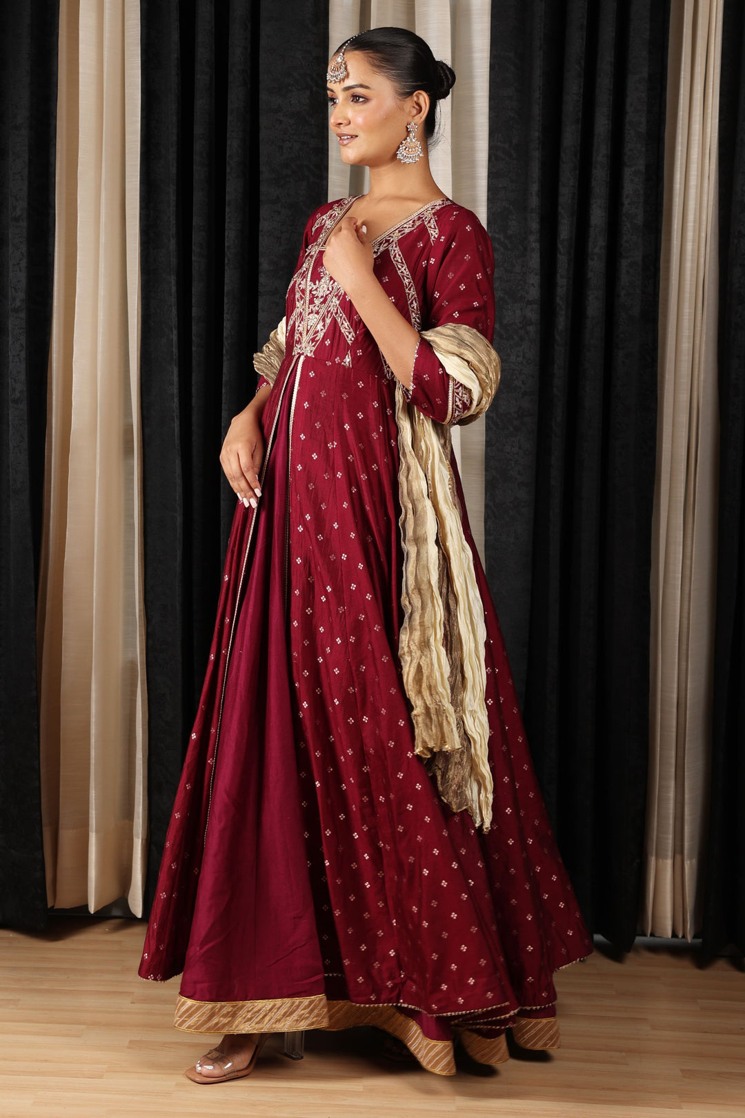 Maroon Embroidered Stylized Anarkali Set