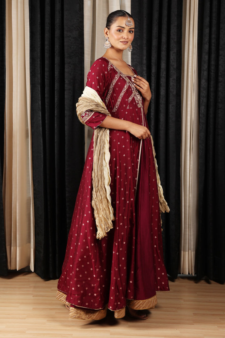 Maroon Embroidered Stylized Anarkali Set