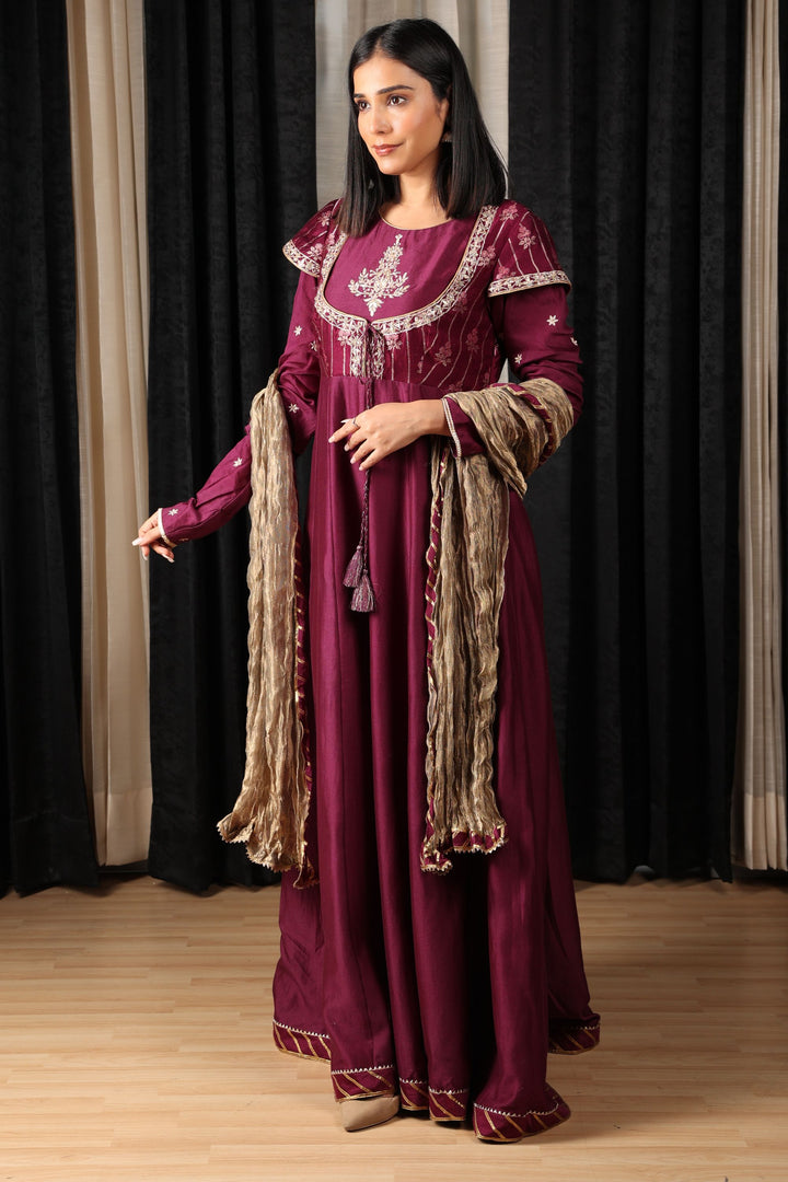 Maroon Embroidered Anarkali Set with Viscose Pants