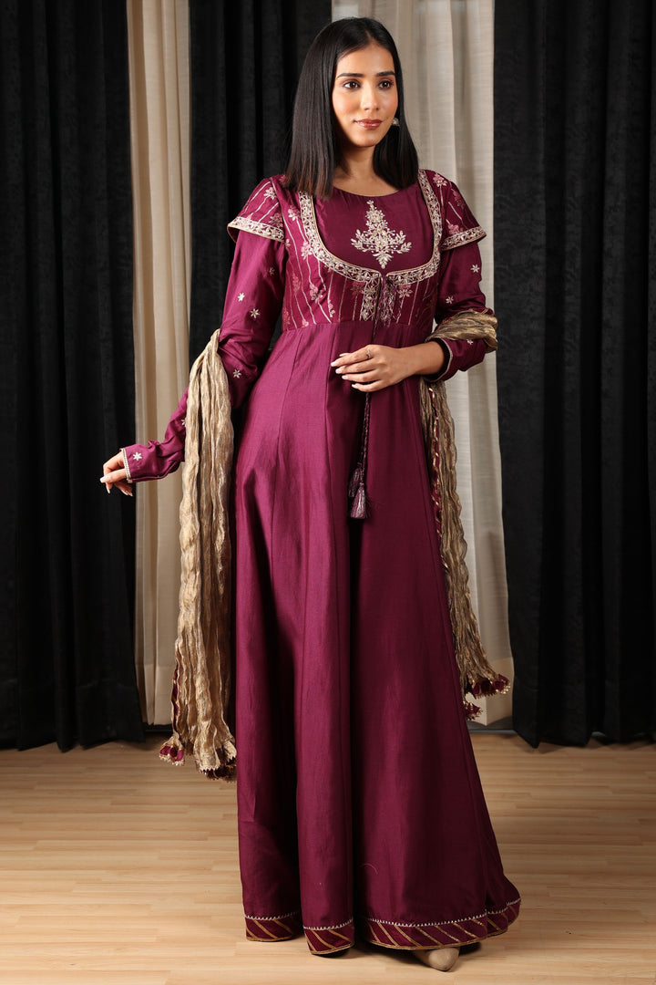 Maroon Embroidered Anarkali Set with Viscose Pants