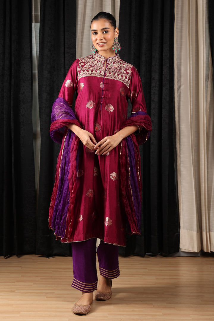 Maroon Banarasi  Embroidered Kurta with Purple Silk Pants