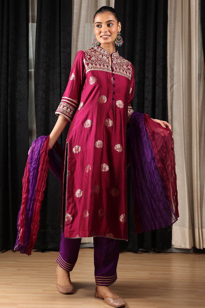 Maroon Banarasi  Embroidered Kurta with Purple Silk Pants