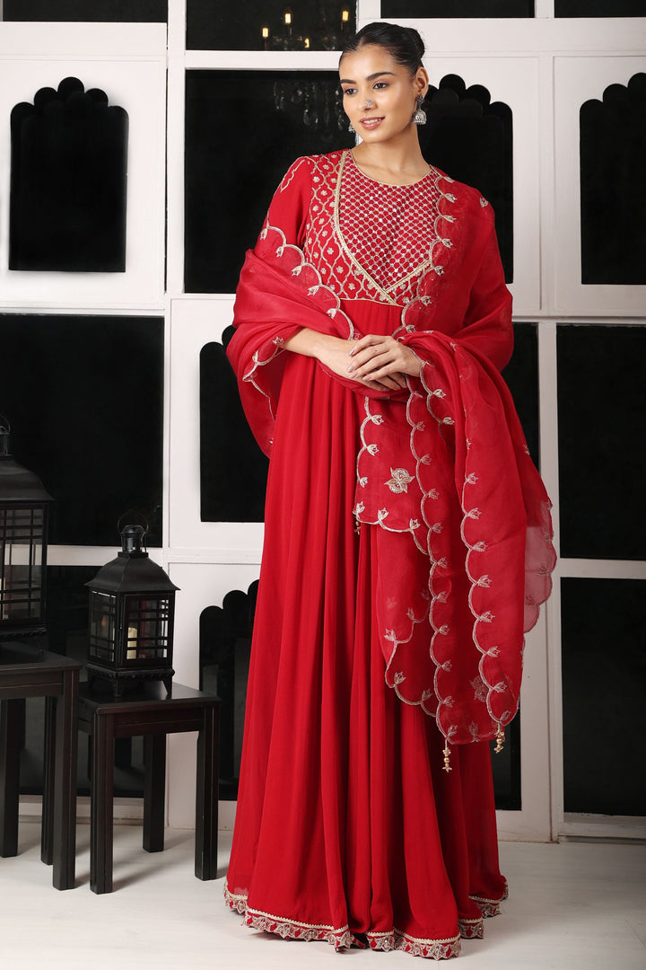 Red Embroidered Stylized Anarkali Set