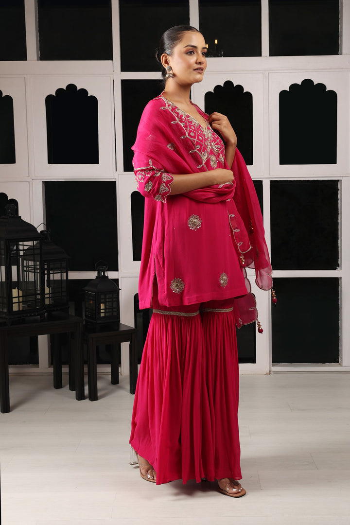 Pink Embroidered Kurta Sharara Set